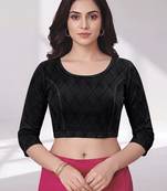 Black polyester elastin zari stretchable blouse round neck 3/4 sleeve blouse