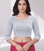 Silver polyester elastin zari stretchable blouse round neck 3/4 sleeve blouse