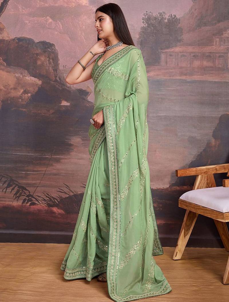 Green embroidered saree with blouse
