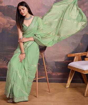 Green embroidered saree with blouse 5