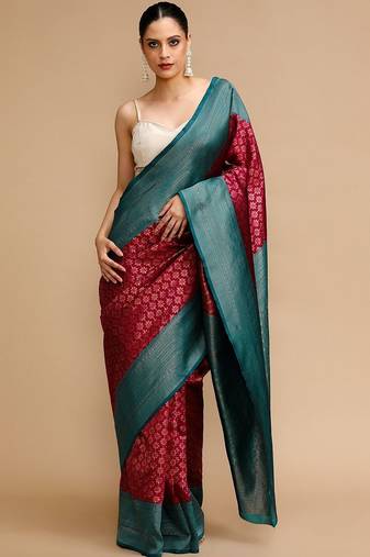 Burgundy woven design banarasi sarees