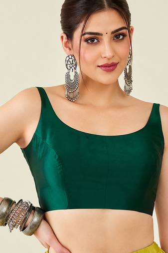 Darkgreen crepe silk sleeveless plain readymade blouse choli stylish saree blouse
