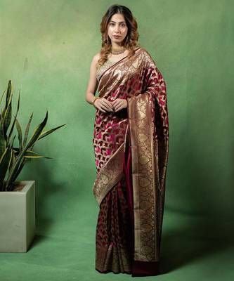 Maroon satin woven saree with blouse 1