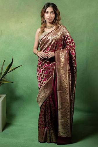 Maroon satin woven saree with blouse