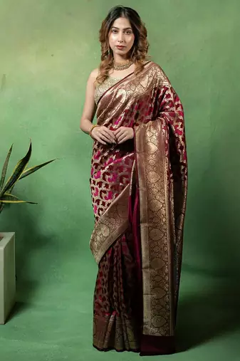 Maroon satin woven saree with blouse