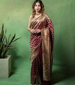 Maroon satin woven saree with blouse