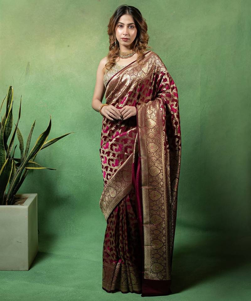 Maroon satin woven saree with blouse