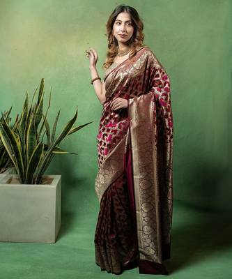 Maroon satin woven saree with blouse 2