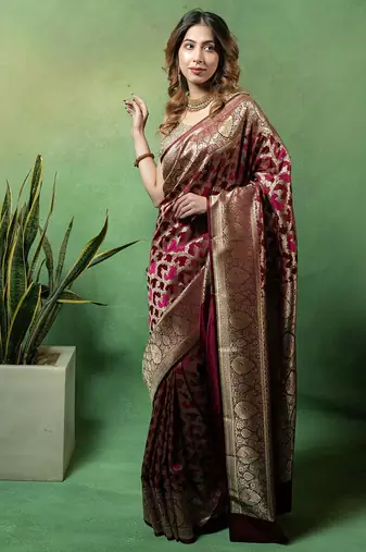 Maroon satin woven saree with blouse