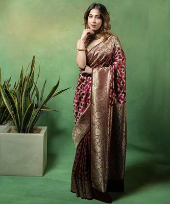 Maroon satin woven saree with blouse 3
