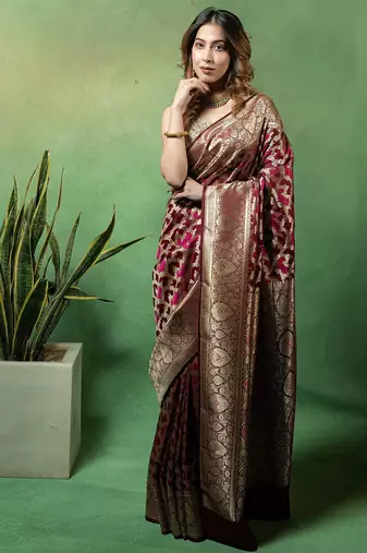 Maroon satin woven saree with blouse