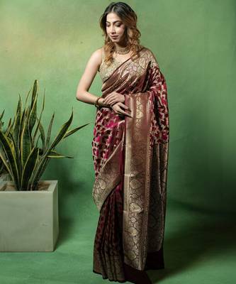 Maroon satin woven saree with blouse 4