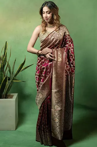 Maroon satin woven saree with blouse