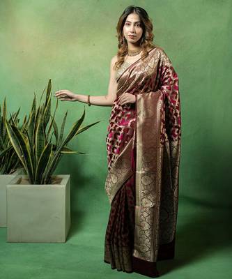 Maroon satin woven saree with blouse 5