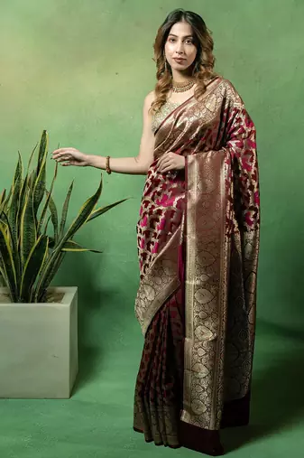 Maroon satin woven saree with blouse