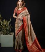 Beige satin woven saree with blouse