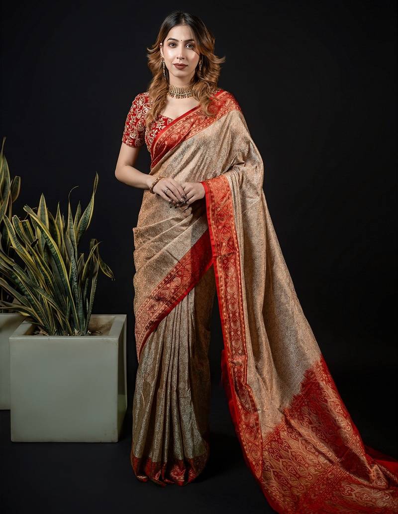 Beige satin woven saree with blouse