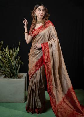 Beige satin woven saree with blouse 2