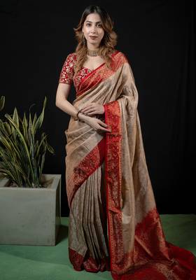 Beige satin woven saree with blouse 3