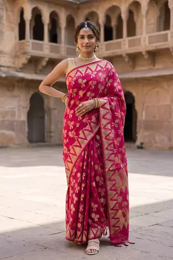 Red silk blend woven saree with blouse