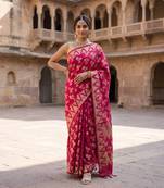 Red silk blend woven saree with blouse