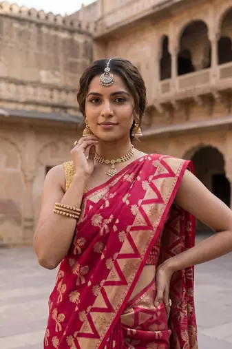 Red silk blend woven saree with blouse