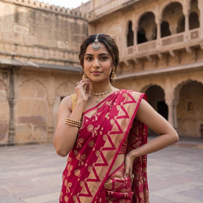 Red silk blend woven saree with blouse