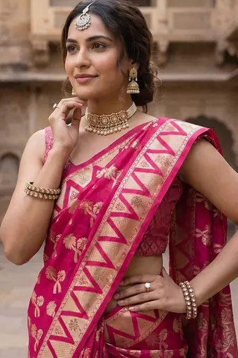 Red silk blend woven saree with blouse
