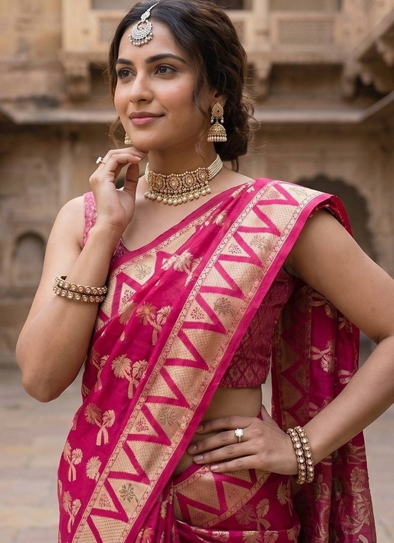 Red silk blend woven saree with blouse