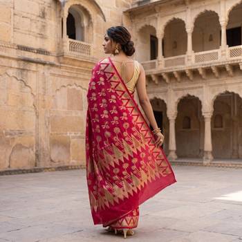 Red silk blend woven saree with blouse 4