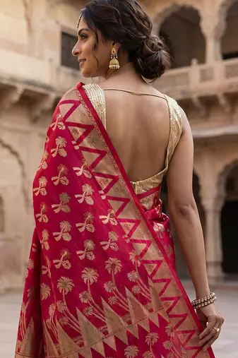 Red silk blend woven saree with blouse