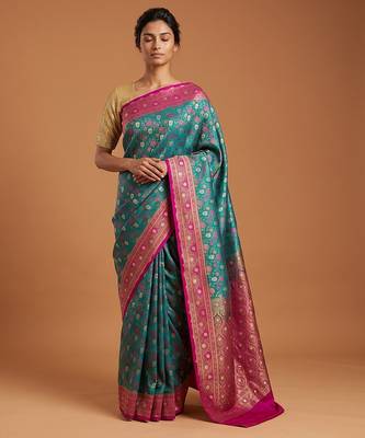Green satin woven saree with blouse 1