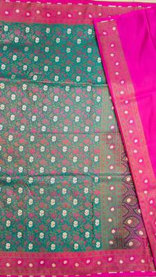Green satin woven saree with blouse 2