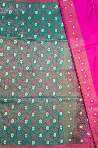 Green satin woven saree with blouse