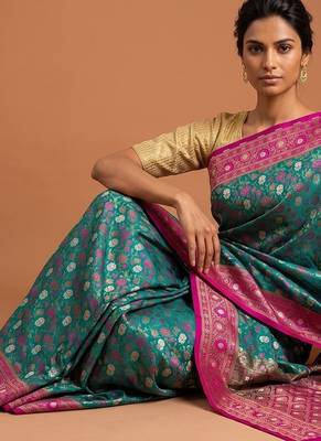 Green satin woven saree with blouse 3