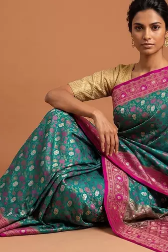 Green satin woven saree with blouse