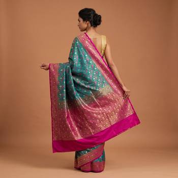 Green satin woven saree with blouse 5