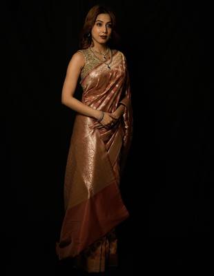 Brown silk blend woven saree with blouse 1