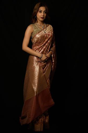 Brown silk blend woven saree with blouse