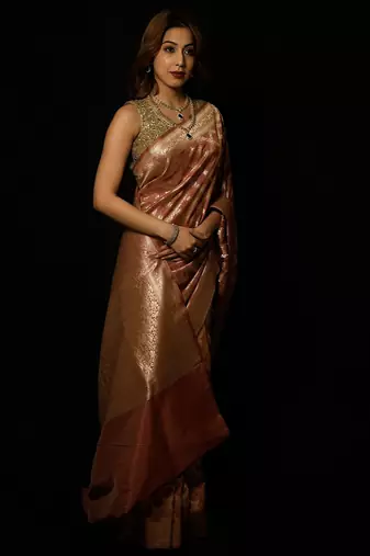 Brown silk blend woven saree with blouse