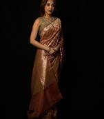 Brown silk blend woven saree with blouse