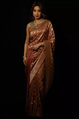 Brown silk blend woven saree with blouse