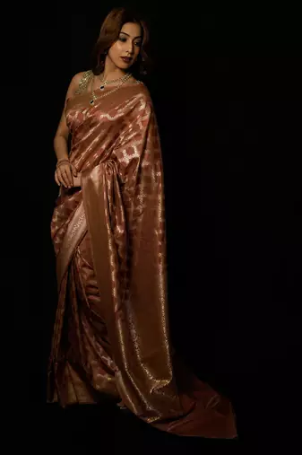Brown silk blend woven saree with blouse