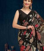 Black ethnic motifs embroidered sequinned saree with blouse piece