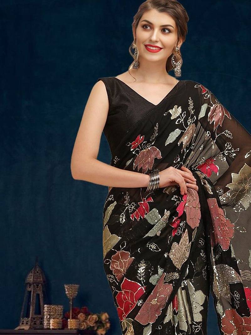 Black ethnic motifs embroidered sequinned saree with blouse piece