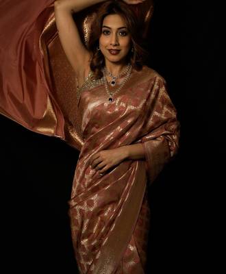 Brown silk blend woven saree with blouse 4