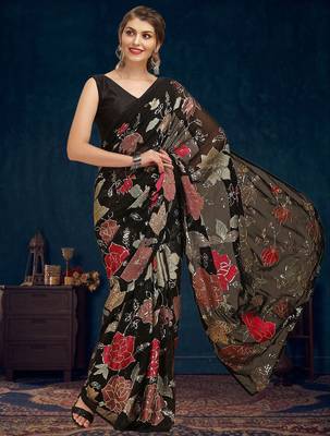 Black ethnic motifs embroidered sequinned saree with blouse piece 2