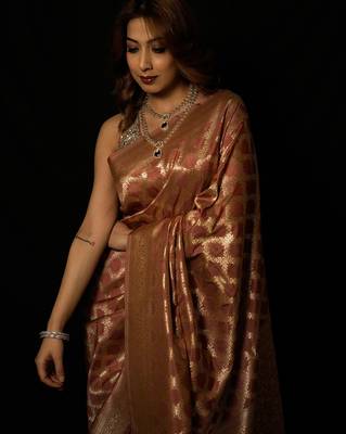 Brown silk blend woven saree with blouse 5