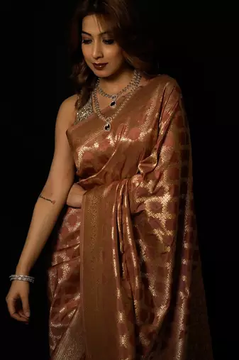Brown silk blend woven saree with blouse