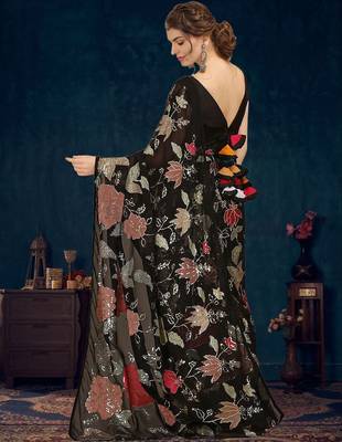 Black ethnic motifs embroidered sequinned saree with blouse piece 3